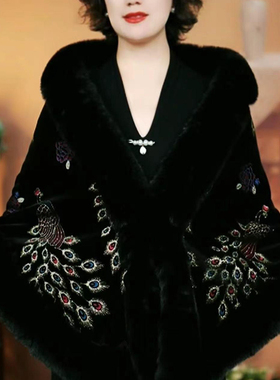加厚加绒披肩女秋冬肩颈保暖气质喜妈妈毛领贵妇婚礼旗袍披风斗篷