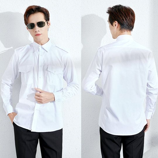 Camisa de uniforme de aviación, mangas largas, uniforme de piloto masculino, avión largo, camisa blanca, ropa de trabajo, ropa de trabajo profesional de algodón