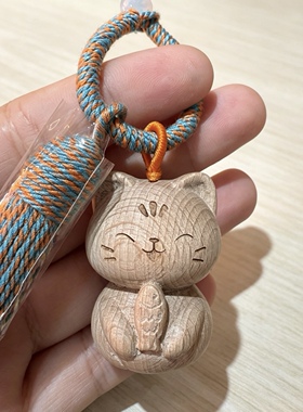 【月薪猫】木雕摇尾巴猫挂件小猫咪钥匙扣包包汽车装饰品招财送礼