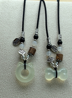 岫玉猫圈小狗骨头可爱雕刻玉石闺蜜情侣吊坠项链编绳设计调节项链