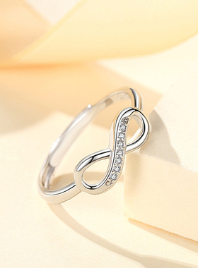 s925纯银欧美流行饰品戒指8字跨境可调节戒指镀白金时尚开口戒