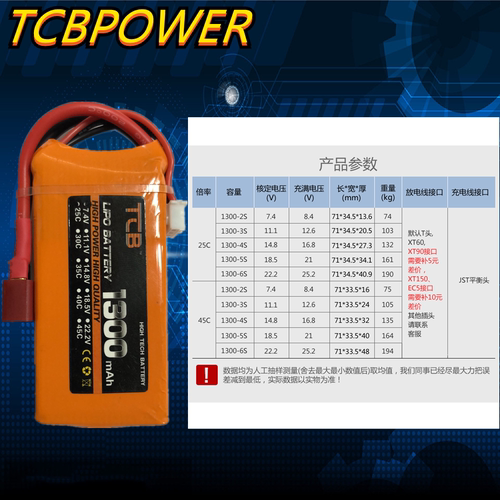 TCB高倍率航模电池1300mAH25C45C适用于遥控飞机车船3S2S玩具模型 - 图2