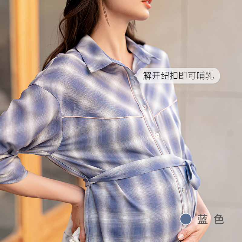 BELLYWEAR孕妇中长款衬衫春季时尚宽松格子衬衣裙孕妇职业装春夏 - 图1