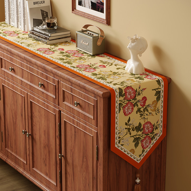 老钱风花鸟鞋柜防尘布轻奢复古流苏电视柜桌布长条形台面边柜盖巾,淘宝优惠券,粉丝福利购,淘宝优惠卷