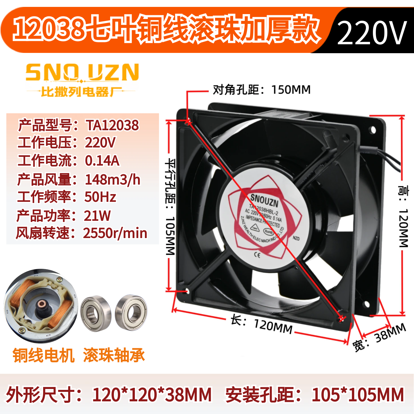焊机箱柜散热器TA12038-2 P/N2123HSL220V轴流风机12厘米静音风扇,淘宝优惠券,粉丝福利购,淘宝优惠卷