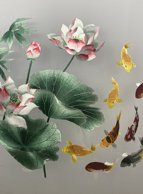 定制半透明纱布画双面苏刺绣花荷花九鱼入户圆形屏风隔断玄关画心