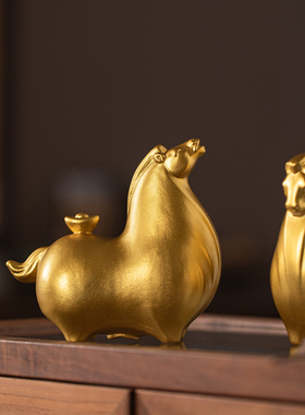 中式陶瓷金色马上有钱摆件