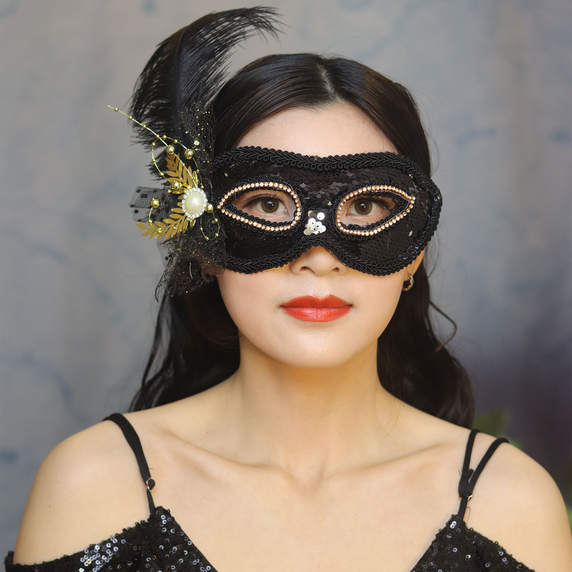 假面舞会黑色亮片网纱羽毛面具气质性感写真拍照宴会公主遮面饰品