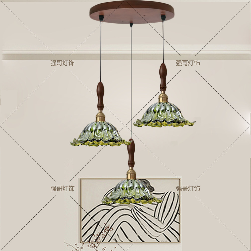 胡桃木色实木三头玻璃吊灯餐厅中古法式岛台灯创意个性led吧台长