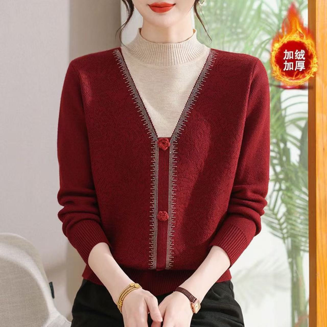 2025新款毛衣女加绒假两件针织衫时尚百搭冬季上衣羊毛衫洋气打底