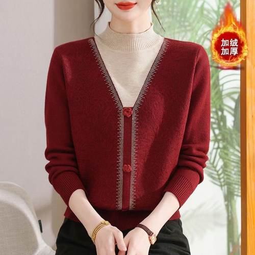 2025新款毛衣女加绒假两件针织衫时尚百搭冬季上衣羊毛衫洋气打底 - 图2