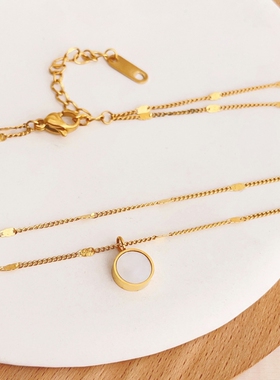 钛钢女贝壳黑白面圆形吊坠锁骨链