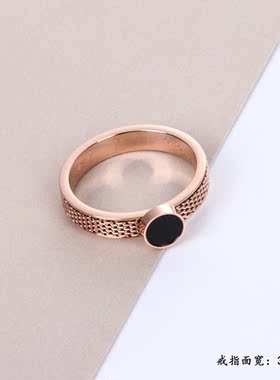 网链黑色圆饼玫瑰金钛钢戒指