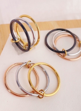 钛钢设计感三环相扣三色女款戒指