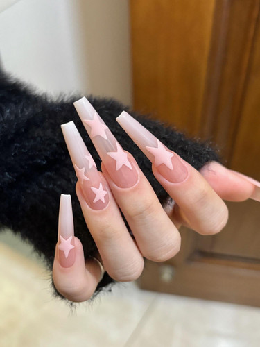【裸粉星】裸色手绘粉五角星纯手工穿戴甲小香风长款显白穿戴美甲 - 图1