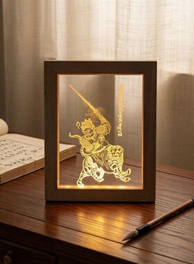 古籍传承二郎神赵公哪吒太上老君画像灯精雕实木USBLED展灯夜灯