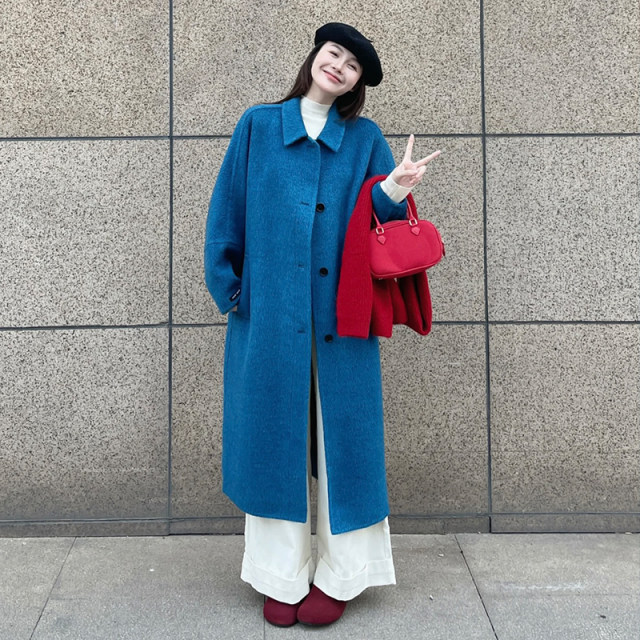 蓝色双面羊绒大衣女长款2025秋冬韩系高级感保暖牦牛绒毛呢外套女