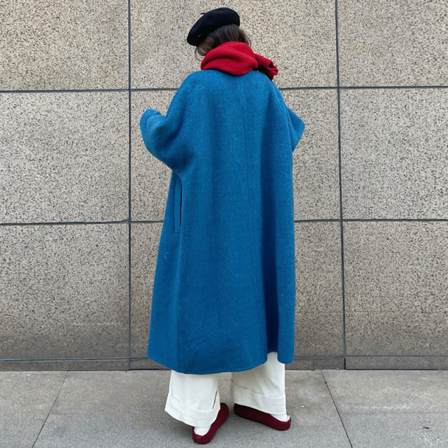蓝色双面羊绒大衣女长款2025秋冬韩系高级感保暖牦牛绒毛呢外套女
