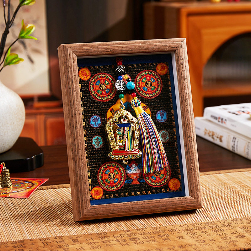 山城文创丨藏式五路财神纳福相框办公室书桌面唐卡朱砂实木摆件,淘宝优惠券,粉丝福利购,淘宝优惠卷