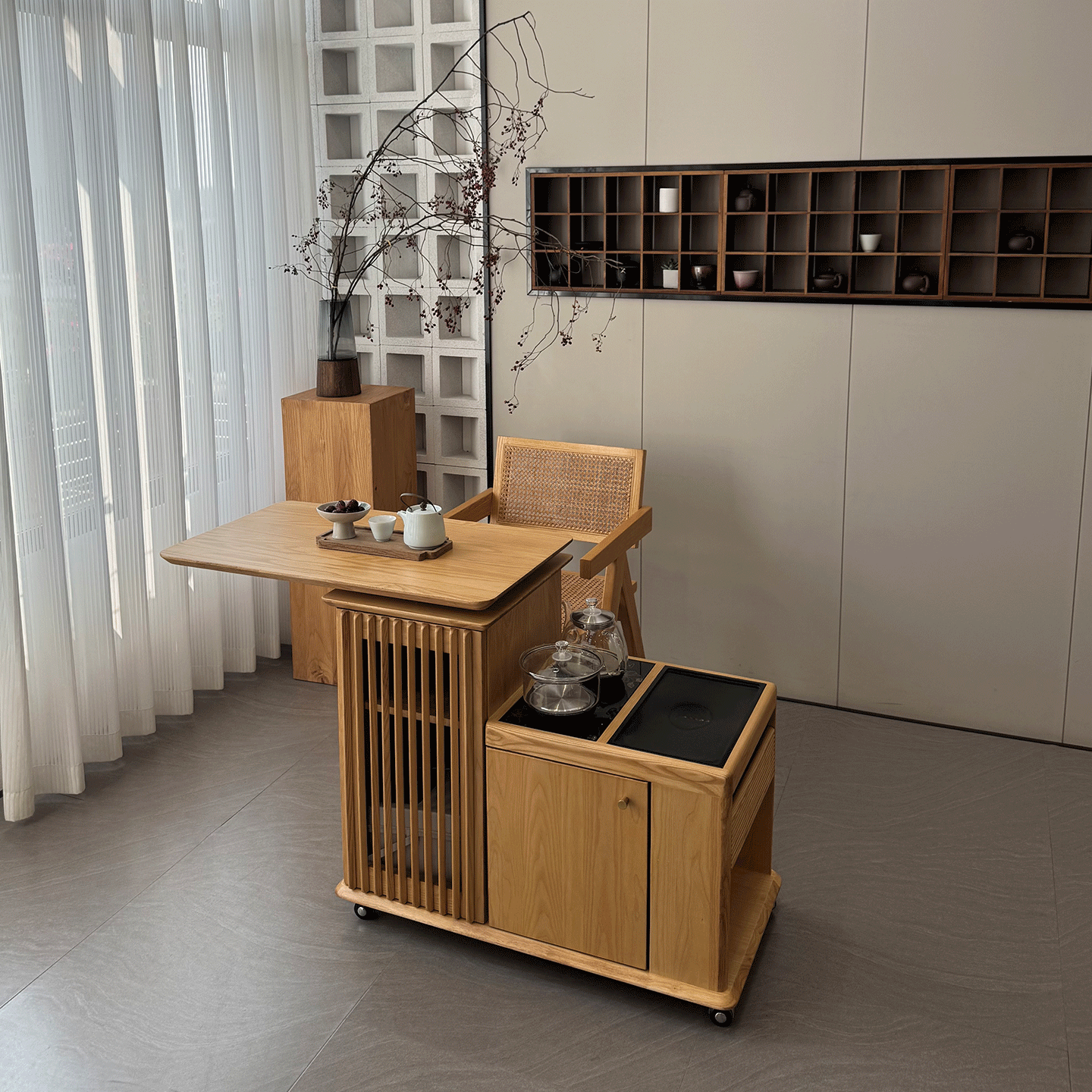 新中式小户型茶桌实木茶台家用客厅茶室简约储物茶几旋转折叠茶台,淘宝优惠券,粉丝福利购,淘宝优惠卷