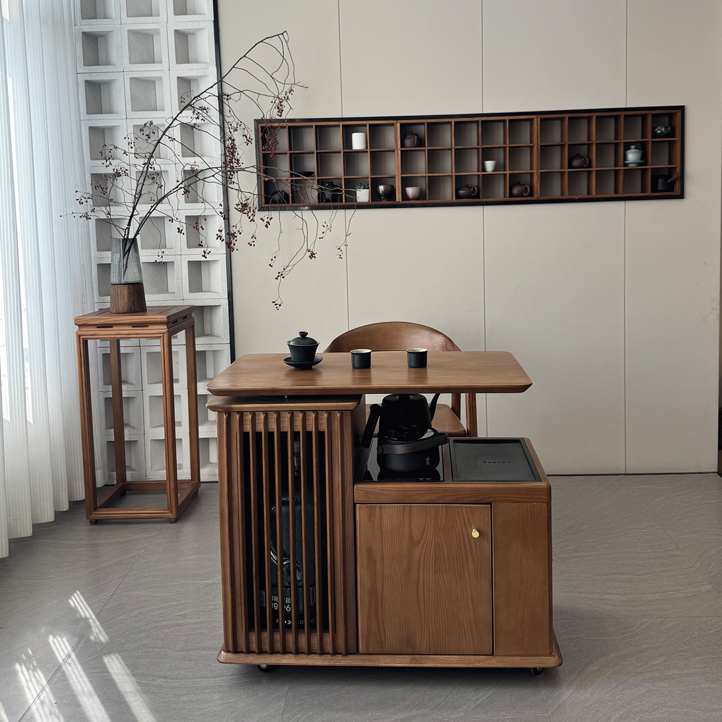 新中式小户型茶桌实木茶台家用客厅茶室简约储物茶几旋转折叠茶台,淘宝优惠券,粉丝福利购,淘宝优惠卷