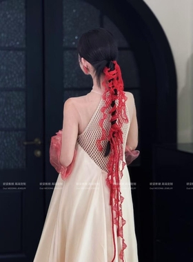 新中式红色网纱编发带新娘头饰低马尾绑发晨袍晚礼结婚配饰跟妆女