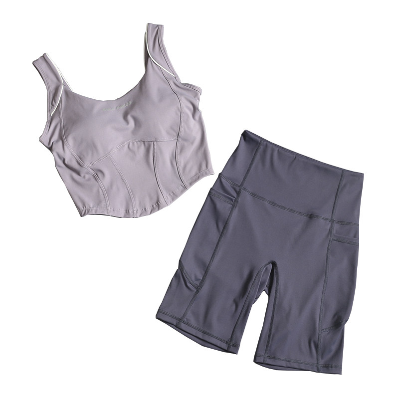 瑜伽服套装美背吊带聚拢运动内衣女跑步速干训练健身骑行五分裤夏 - 图3