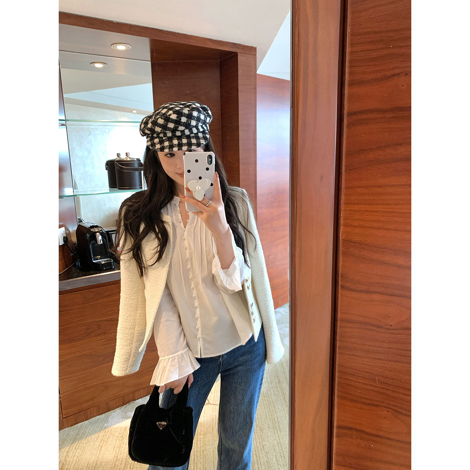 现货【AHY】巴黎假日100天丝圆领显瘦压褶花边喇叭袖白衬衫女新品,淘宝优惠券,粉丝福利购,淘宝优惠卷