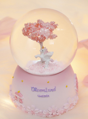 新款独角兽水晶球音乐盒八音盒自动飘雪生日礼物女生儿童女孩厂家