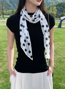 白色波点丝巾小长条夏季细窄长款发带飘带百搭领巾绑包包女围巾薄