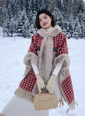 高级感加绒加厚披肩女秋冬季大毛领格纹连帽披风斗篷外套保暖大衣