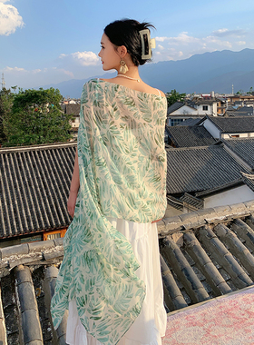 夏季丝巾女韩版百搭时尚绿色印花围巾夏季中式风盘扣纱巾防晒披肩