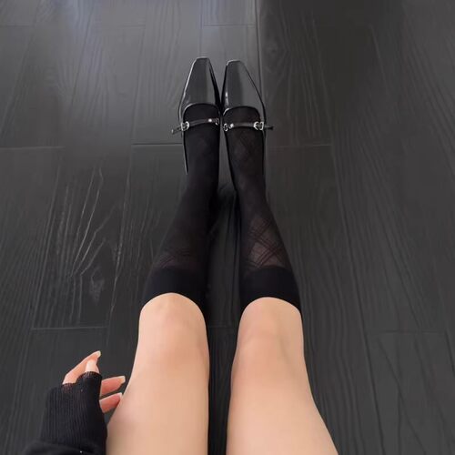 菱格黑色小腿袜子女夏季薄款微压显瘦长筒袜夏天丝袜半筒袜透气袜 - 图0