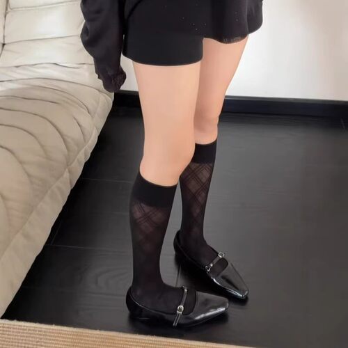 菱格黑色小腿袜子女夏季薄款微压显瘦长筒袜夏天丝袜半筒袜透气袜 - 图2