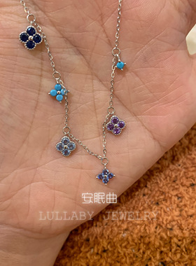 S925纯银不掉色蓝色四叶草手链