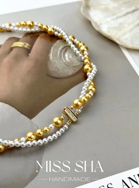 人造南洋金珠极光白法式法式叠戴多层珍珠项链925银