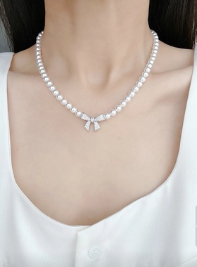 【在逃公主】人造仿澳白甜美百搭经典蝴蝶结珍珠项链
