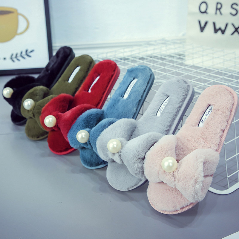 拖鞋女秋冬季珍珠蝴蝶结毛毛拖甜美居家公主鞋毛绒外穿平底防滑鞋,淘宝优惠券,粉丝福利购,淘宝优惠卷