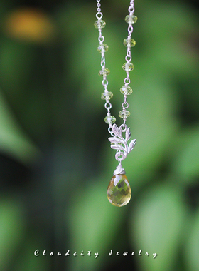 Cloudcity柠檬草原创设计浓郁柠檬晶橄榄石文艺树枝925银手作项链