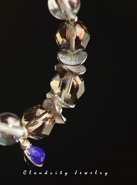 白茶Cloudcity原创设计精致纯净茶晶白水晶925荷叶隔片银手作手链