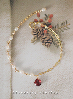 不对称设计石榴石淡水珍珠手链