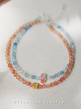 Cloudcity原创设计简约文艺休闲海蓝宝冰飘南红玛瑙925银双圈手链