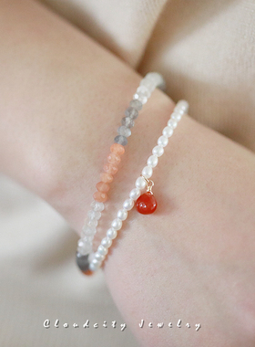 Cloudcity返场原创设计气质女人月光石珍珠红玉髓14K注金双层手链