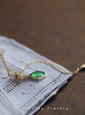 Cloudcity翠湖 精致成品叶型银镀金绿玉髓吊坠可调节925短项链