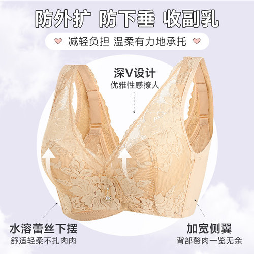 大胸显小聚拢软钢圈文胸夏季薄款全罩杯蕾丝透气收副乳薄棉杯内衣 - 图0