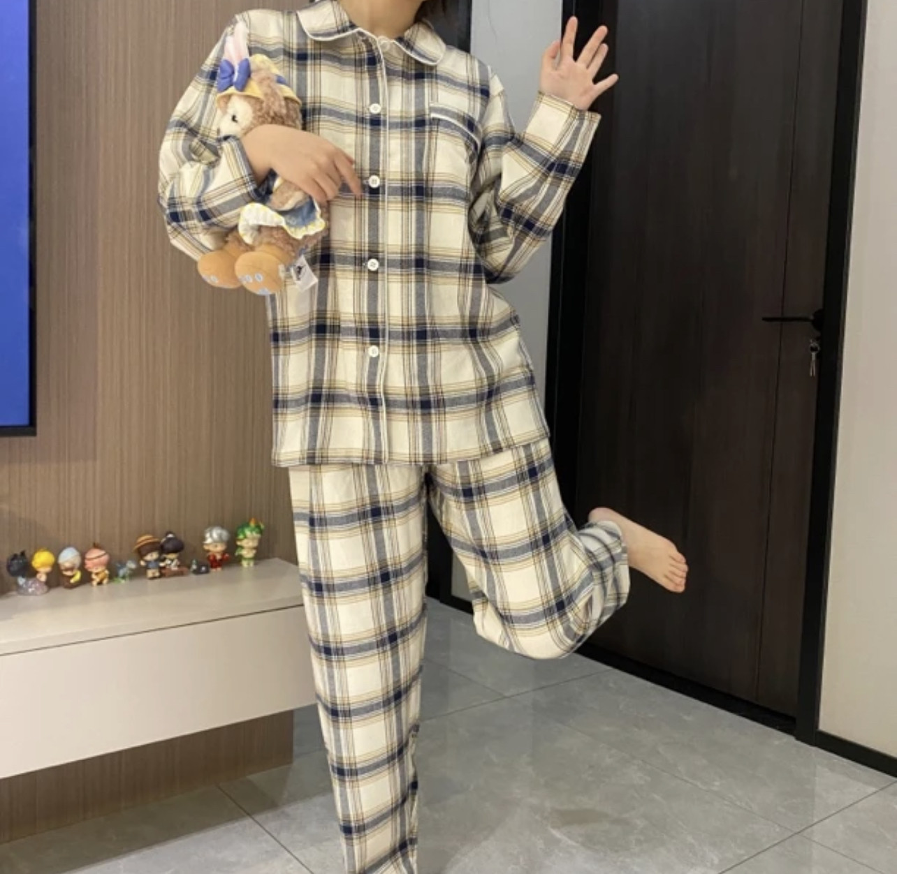 无印风日式秋冬款磨毛法兰绒纯棉情侣睡衣男女款纯色套装家居服