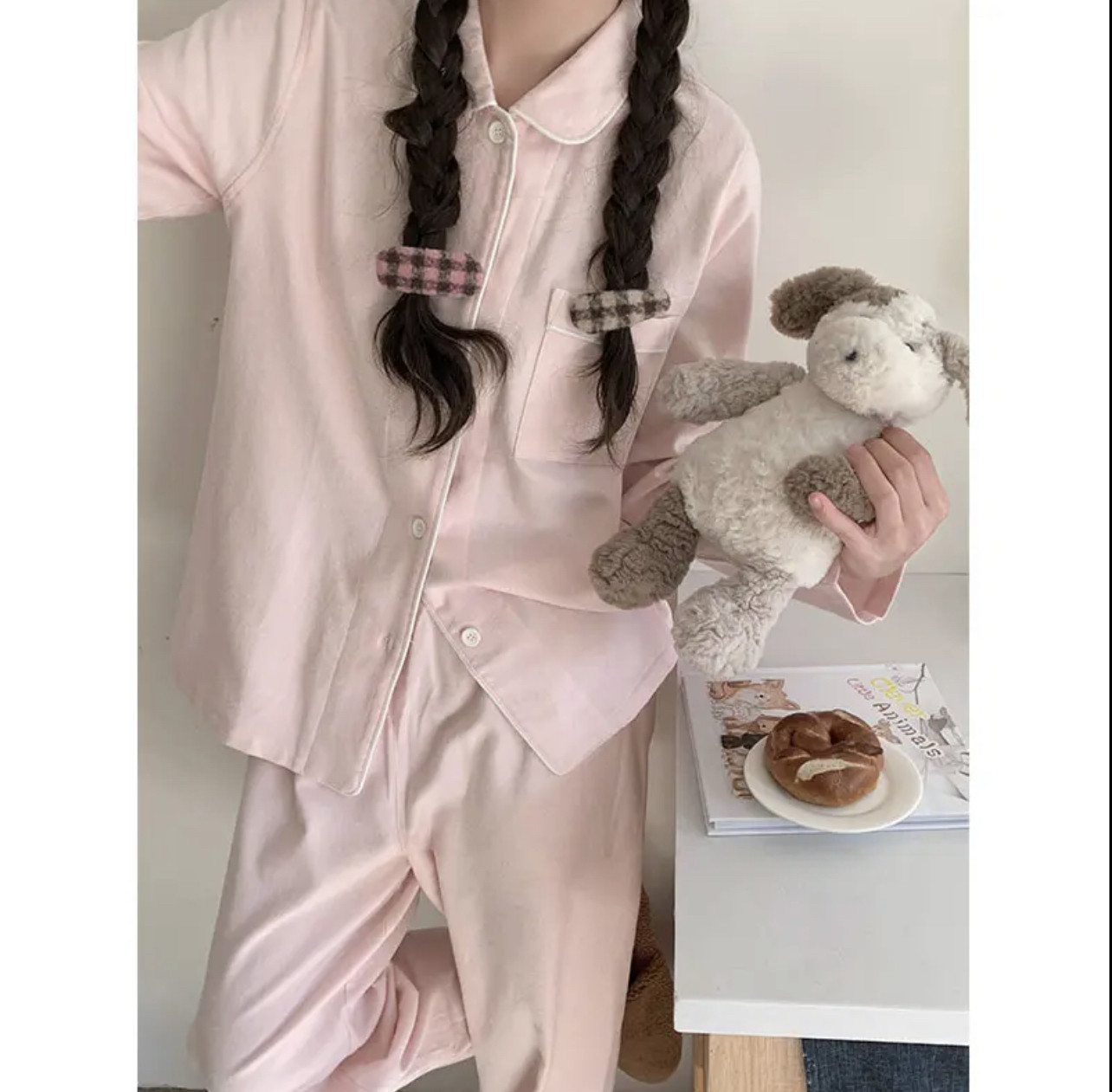 无印风日式秋冬款磨毛法兰绒纯棉情侣睡衣男女款纯色套装家居服