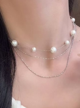 时尚多层叠戴珍珠金属链条项链