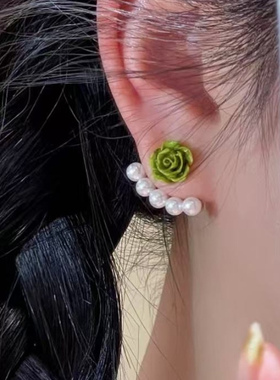 独特绝美清新绿色花朵珍珠耳环女