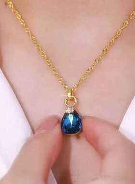 蓝色水晶水滴项链女小众设计